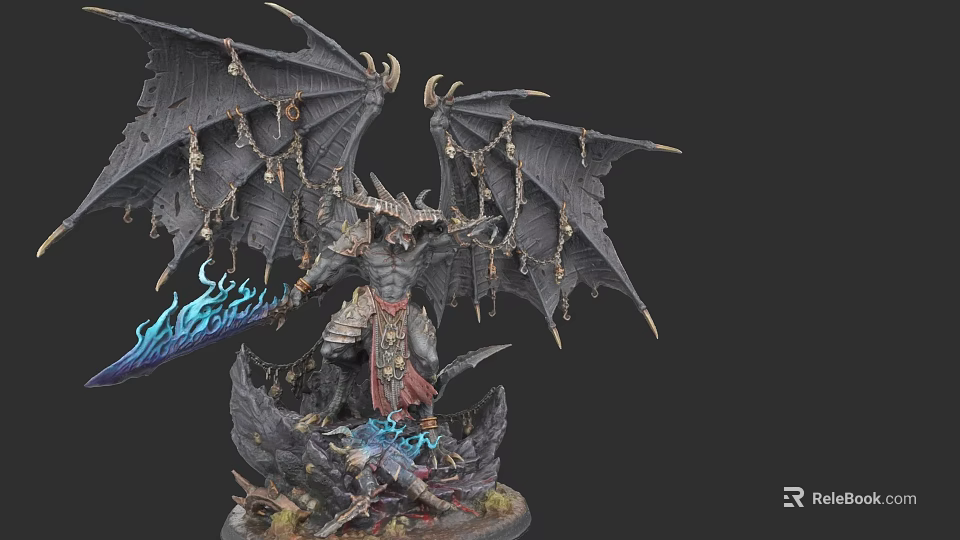 Game Movie Demon Character with Large Black Wings Chains Skeleton Holding Flaming Weapon Blue Fire 3d model 