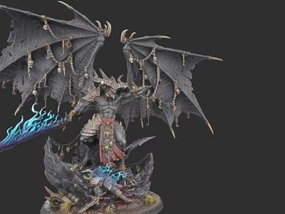 Game Movie Demon Character with Large Black Wings Chains Skeleton Holding Flaming Weapon Blue Fire 3d model