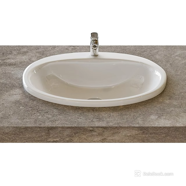 White Oval Washbasin With Chrome Faucet On Gray Stone Countertop Surface 3d model 