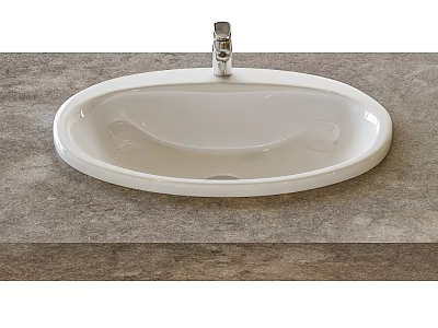White Oval Washbasin With Chrome Faucet On Gray Stone Countertop Surface 3d model