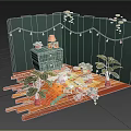 Cartoon Room Scene with Green Walls Wooden Floor Potted Plants and Hanging String Lights