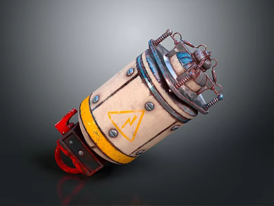 Rustic Explosive Weapon Featuring Yellow Stripe Lightning Symbol Metal Components And Red Trigger 3d model