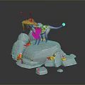Fantasy Creature 3D Model Standing On Ice Block With Small Fish And Orange Elements 3d model