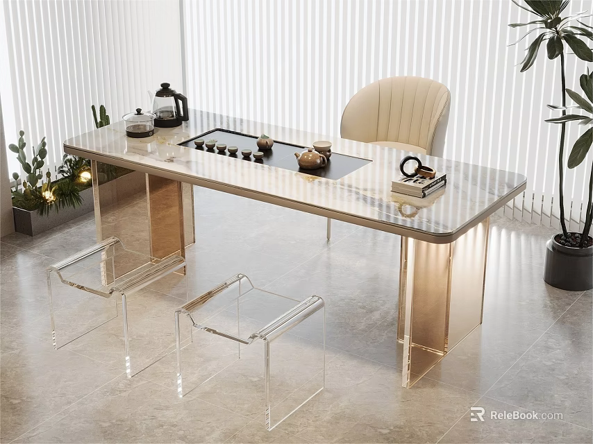 Modern Tea Table and Chairs with Gold Legs Transparent Seats Tea Set Plants and Blinds 3d model 