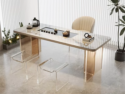 Modern Tea Table and Chairs with Gold Legs Transparent Seats Tea Set Plants and Blinds 3d model