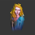 Woman With Vibrant Yellow And Orange Hair Wearing Blue Top Against Gray Background
