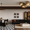 Modern Living Dining Room Interior With Wooden Shelves Patterned Rug And Pendant Lights