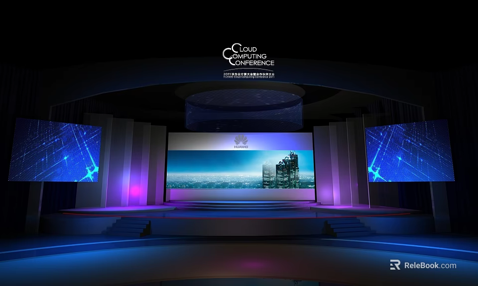 G20 Summit Stage With Large Screen Cityscape And Purple Lighting Effects 3d model 