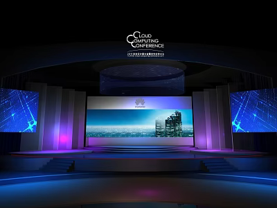 G20 Summit Stage With Large Screen Cityscape And Purple Lighting Effects 3d model