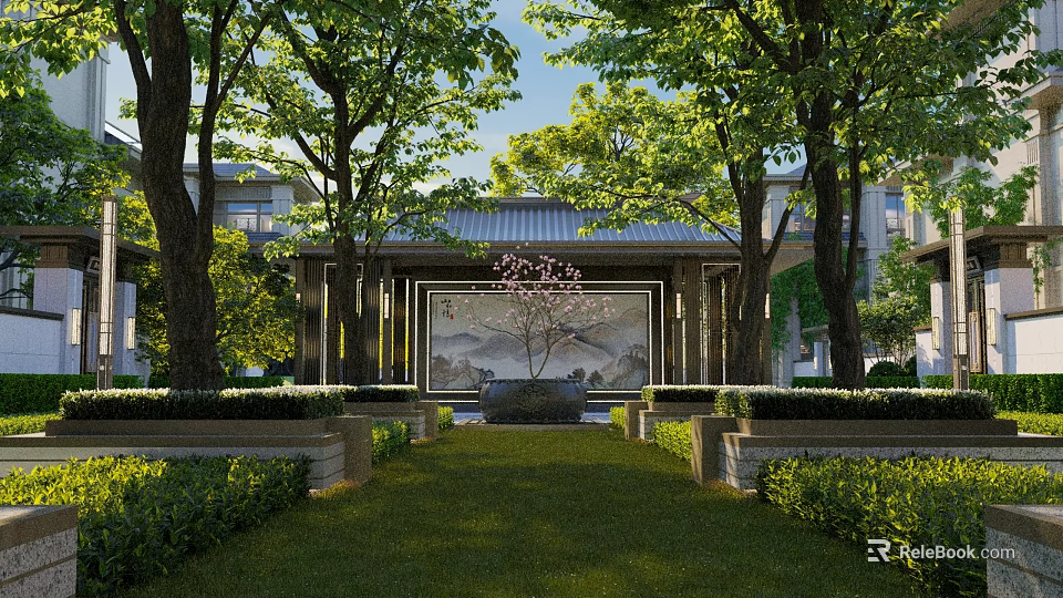 Serene Residential Landscape With Lush Grass Pathway Flowering Tree Decorative Wall And Trimmed Shrubs 3d model 
