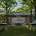 Serene Residential Landscape With Lush Grass Pathway Flowering Tree Decorative Wall And Trimmed Shrubs