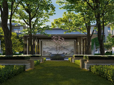 Serene Residential Landscape With Lush Grass Pathway Flowering Tree Decorative Wall And Trimmed Shrubs 3d model