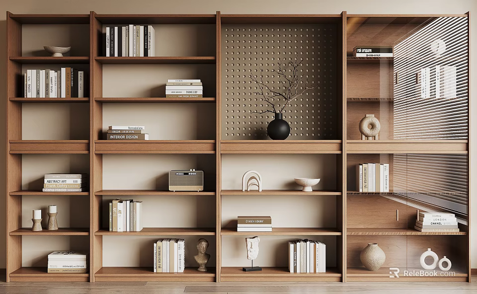 Natural Wooden Open Bookshelf With Multiple Compartments Books Decorative Vase And Sculptures 3d model 