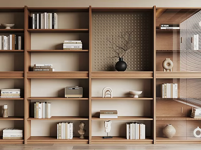 Natural Wooden Open Bookshelf With Multiple Compartments Books Decorative Vase And Sculptures 3d model