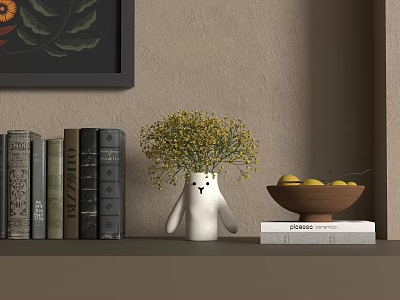 Decorative Ornament Set With White Rabbit Vase Yellow Flowers Fruit Bowl Stacked Books On Bookshelf 3d model