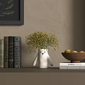 Decorative Ornament Set With White Rabbit Vase Yellow Flowers Fruit Bowl Stacked Books On Bookshelf