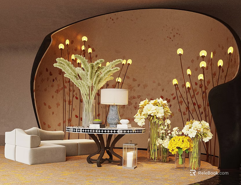 Elegant Flower Stand In Room With Arched Wall White Yellow Flower Bouquets And Decorative Lights 3d model 