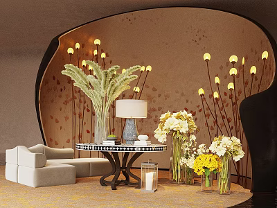 Elegant Flower Stand In Room With Arched Wall White Yellow Flower Bouquets And Decorative Lights 3d model
