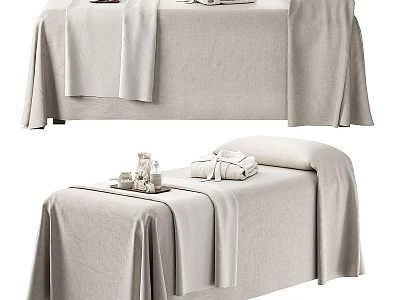 Comfortable Massage Bed With Soft Linen Cover Spa Towel And Essential Oil Bottles 3d model
