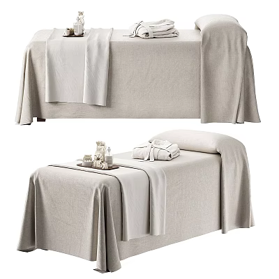 Comfortable Massage Bed With Soft Linen Cover Spa Towel And Essential Oil Bottles 3d model