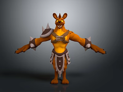3D Orange Kangaroo Warrior Character With Spiked Armor And Outstretched Arms 3d model