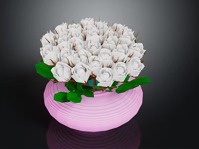 Fresh White Roses Bouquet In Pink Vase With Vibrant Green Leaves 3d model
