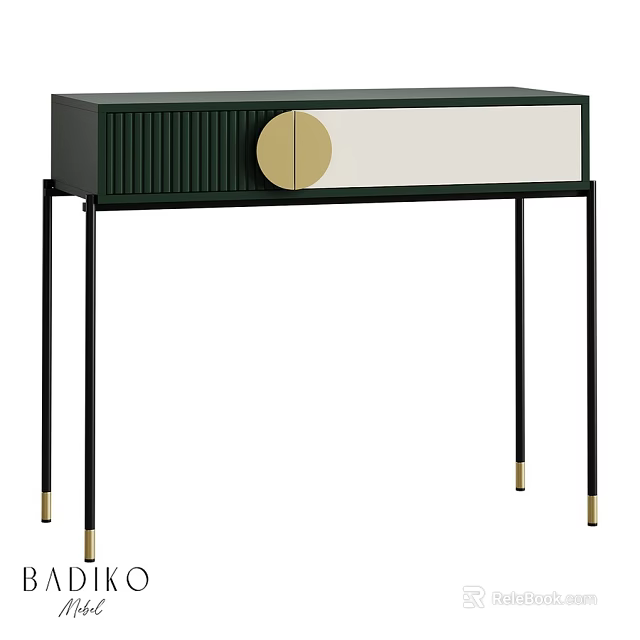 Modern Dining Table Featuring Dark Green Body Gold Circular Accent White Panel Black Slim Legs 3d model 