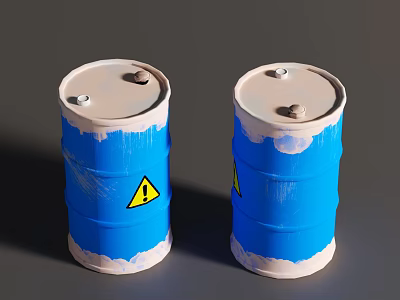 Industrial Equipment Two Blue Barrels With Yellow Warning Signs And Lids 3d model