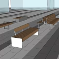 Modern Minimalist Landscape Benches With Wooden Slat Top And Metal Frame On Paved Plaza