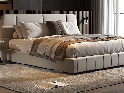 Modern Upholstered Double Bed With Soft Headboard Pillows And Blanket On Plush Rug 3d model