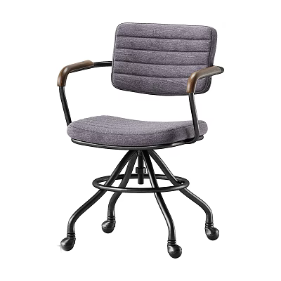 Gray Fabric Office Chair With Wooden Armrests And Swivel Metal Base And Black Wheels 3d model