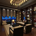 Luxurious Restaurant Interior With Chandelier Sofa Seating Display Cabinets And Night View Windows