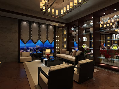Luxurious Restaurant Interior With Chandelier Sofa Seating Display Cabinets And Night View Windows 3d model