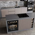 Modern Kitchen Interior With Gray Cabinets Marble Countertop Black Range Hood And Wine Rack