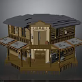 Octagonal Wooden Two Story Building With Blue Roof Balconies Awnings And Lanterns