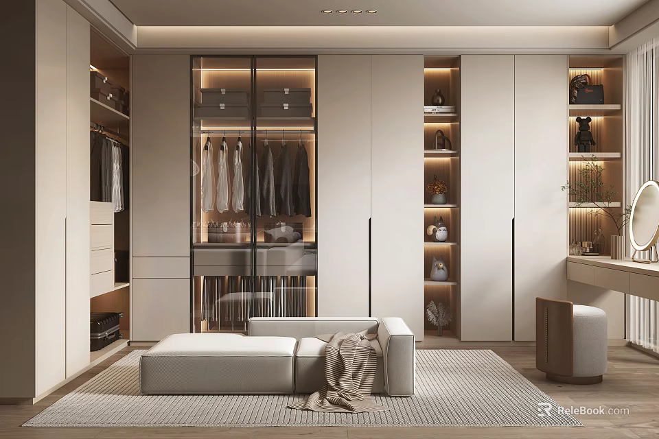 Modern Walk in Closet Interior With Glass Door Cabinets Shelves Ottoman And Gray Rug 3d model 