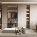 Modern Walk in Closet Interior With Glass Door Cabinets Shelves Ottoman And Gray Rug