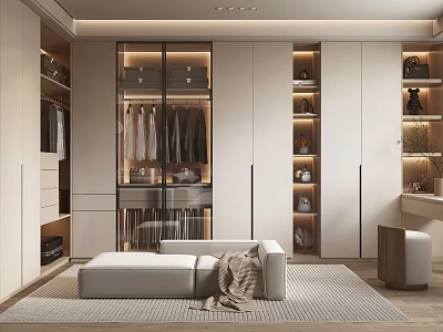 Modern Walk in Closet Interior With Glass Door Cabinets Shelves Ottoman And Gray Rug 3d model