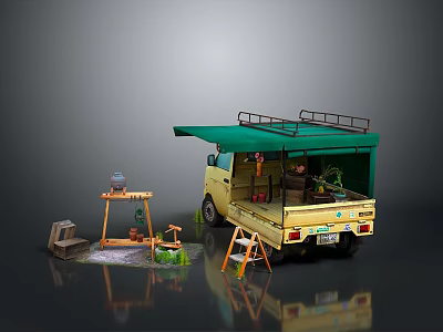 Scenic Components with Yellow Truck Green Awning Wooden Frame Small Table Plants and Ladder 3d model