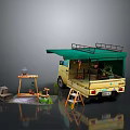 Scenic Components with Yellow Truck Green Awning Wooden Frame Small Table Plants and Ladder