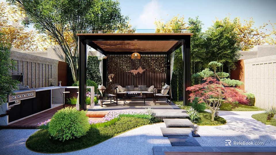 Courtyard Garden with Pergola Outdoor Sofa Coffee Table Green Plants and Stone Pathway 3d model 
