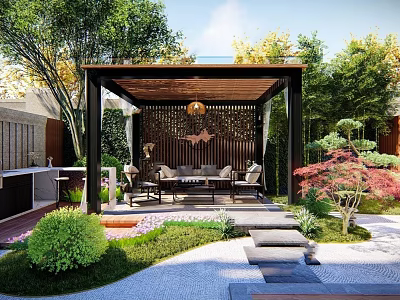 Courtyard Garden with Pergola Outdoor Sofa Coffee Table Green Plants and Stone Pathway 3d model