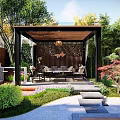 Courtyard Garden with Pergola Outdoor Sofa Coffee Table Green Plants and Stone Pathway