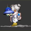 Little Girl With Pigtails Glasses Red Scarf Standing By Blue UFO On Snowy Base