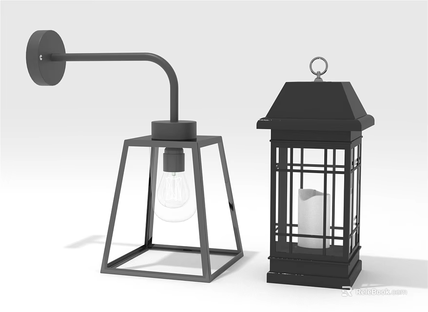 Modern Industrial Black Metal Wall Lamp With Square Frame Curved Arm And Lantern Decoration 3d model 