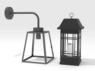 Modern Industrial Black Metal Wall Lamp With Square Frame Curved Arm And Lantern Decoration 3d model