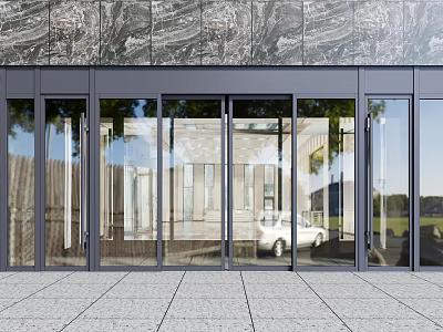 Modern Glass Entrance Building With Clear Doors Stone Pavement And Reflections 3d model