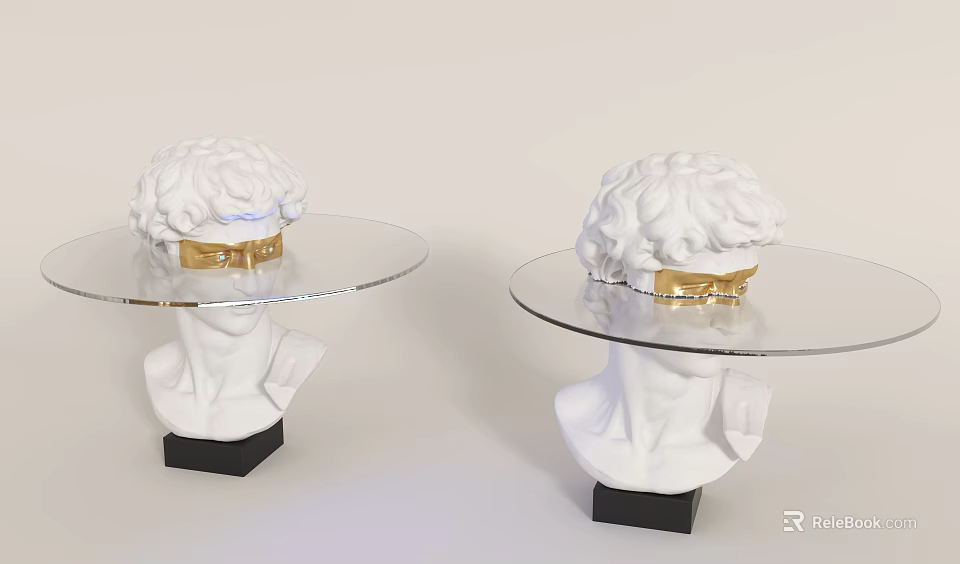 Classical Style Coffee Table With White Statue Base Golden Accents And Transparent Glass Top 3d model 
