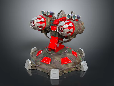 Sci Fi Mechanical Turret With Dual Red Silver Barrels And Camouflage Base 3d model