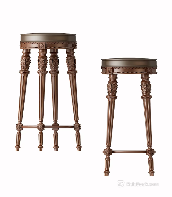 Classic Dark Brown Wooden Bar Stools With Carved Legs And Round Seat 3d model 